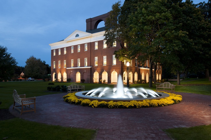 Exterior of Austin Hall with Fountain at Lake Erie College